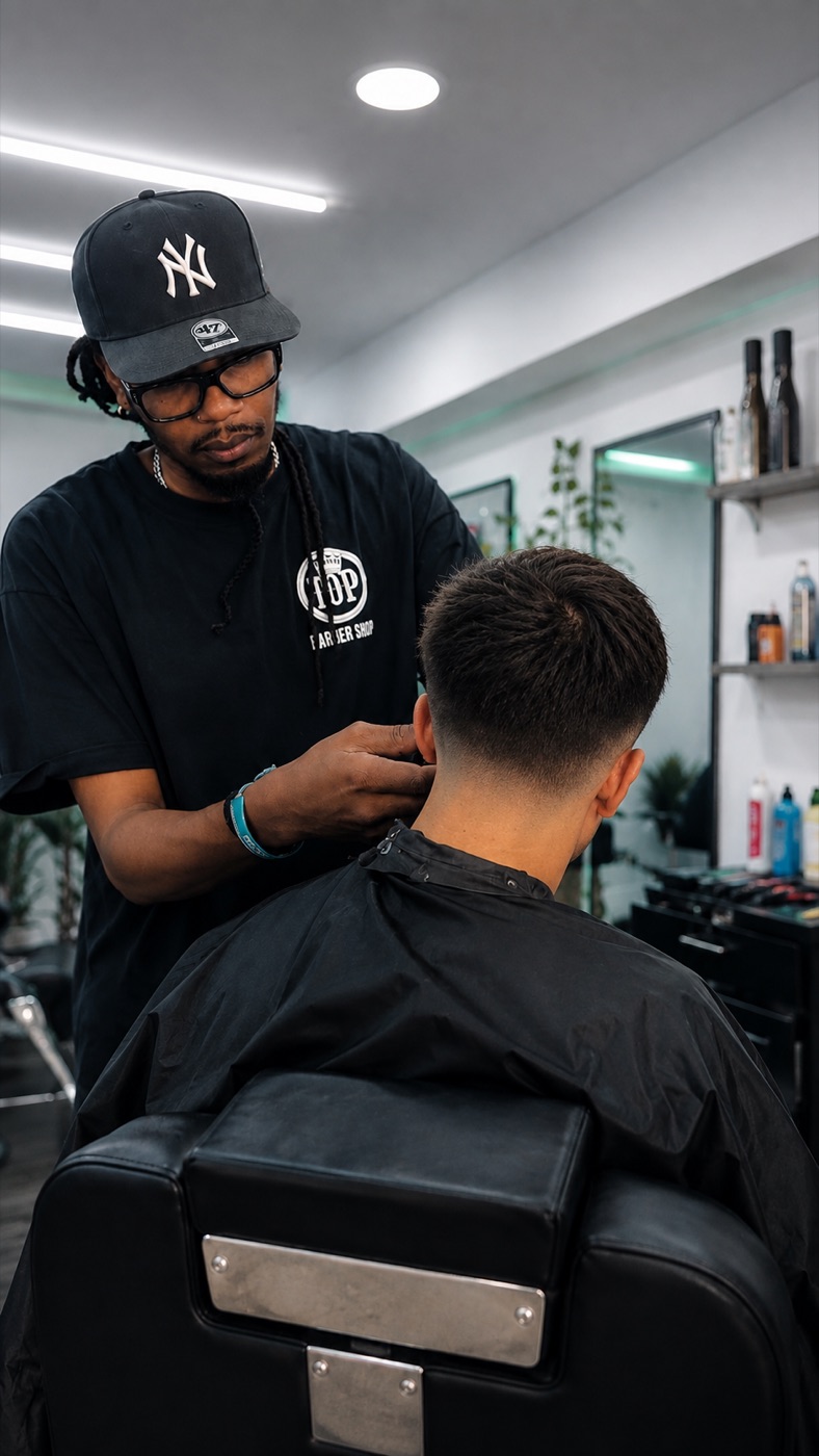 Wil, fundador de Top Barber Shop, cortando el pelo a un cliente