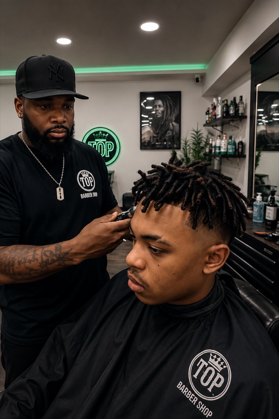 Chamaco, fundador de Top Barber Shop, cortando el pelo a un cliente